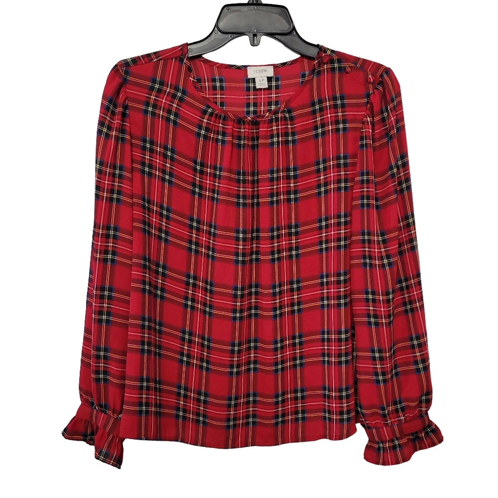 J. Crew Factory Red Tartan Plaid Blouse Top Size L Petite‎